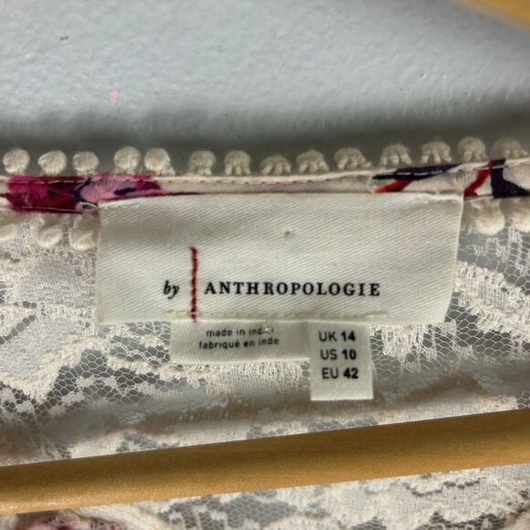 Anthropologie Boho Puff Sleeve Floral Lace Trim Blouse - Picture 4 of 6